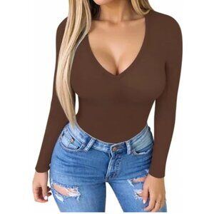 Mango Deep Brown V-Neck Long Sleeve Bodysuit Size Medium NWT